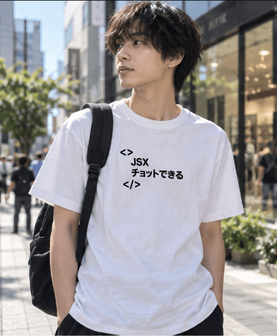 街中でJSXチョットできるTEEを着用しているカット